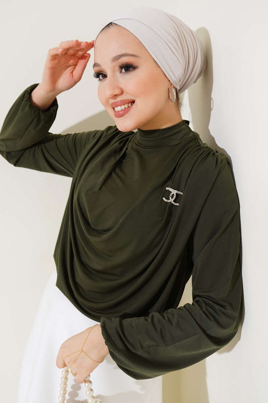 Elastische Bluse mit U-Ausschnitt und Handgelenken, Khaki