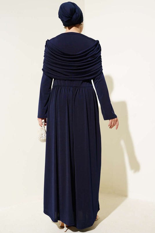 فستان ساندي مع رقبة واسعة، أزرق داكن