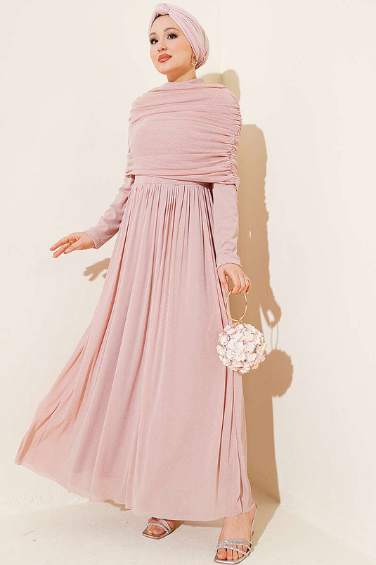 Pink Glittery Evening Dress with Off-Shoulder Neckline Appearance