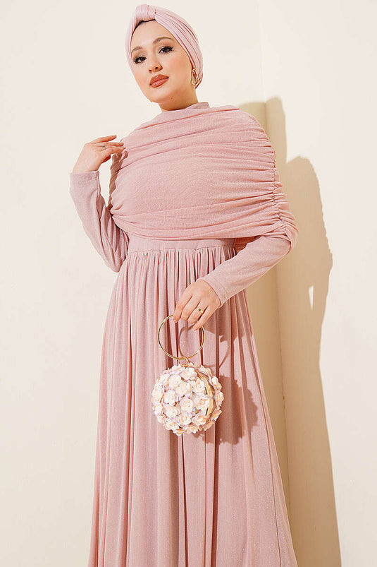 Pink Glittery Evening Dress with Off-Shoulder Neckline Appearance