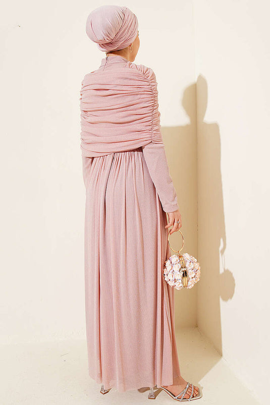 Pink Glittery Evening Dress with Off-Shoulder Neckline Appearance