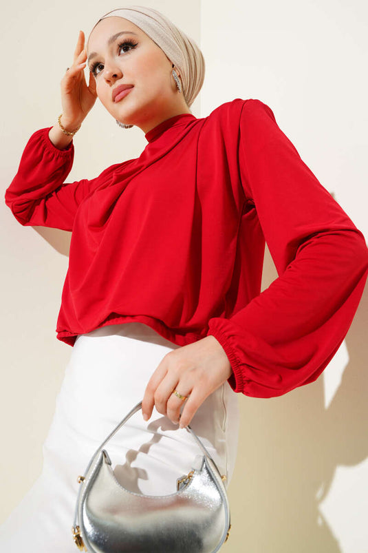 Sandy Bluse mit Wasserfallausschnitt und gepolsterten Schultern in Rot