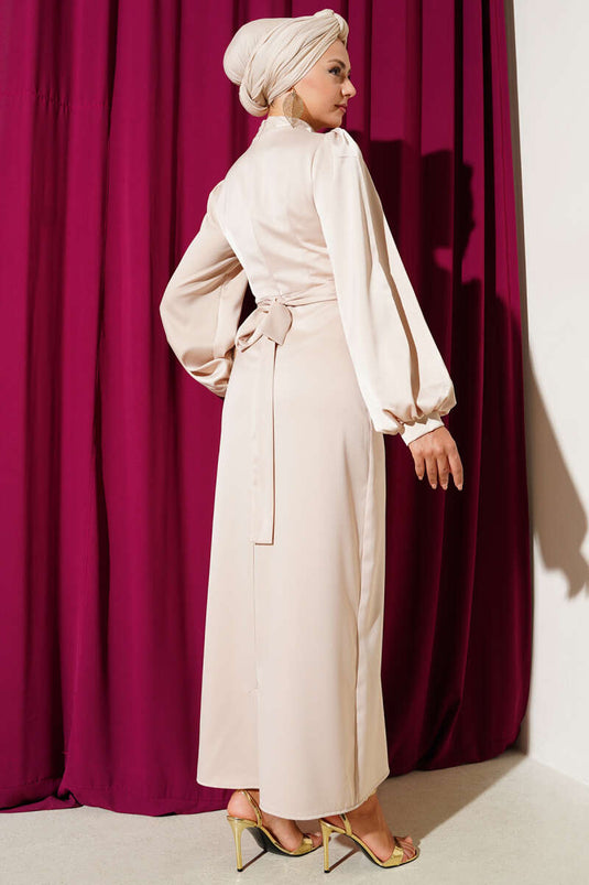 Cowl Neck Satin Evening Dress Beige