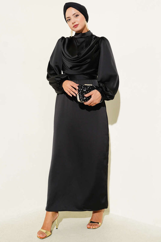 Degaje Yaka Saten Abiye Elbise Siyah