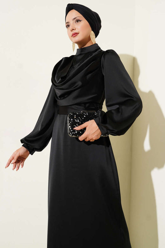 Degaje Yaka Saten Abiye Elbise Siyah