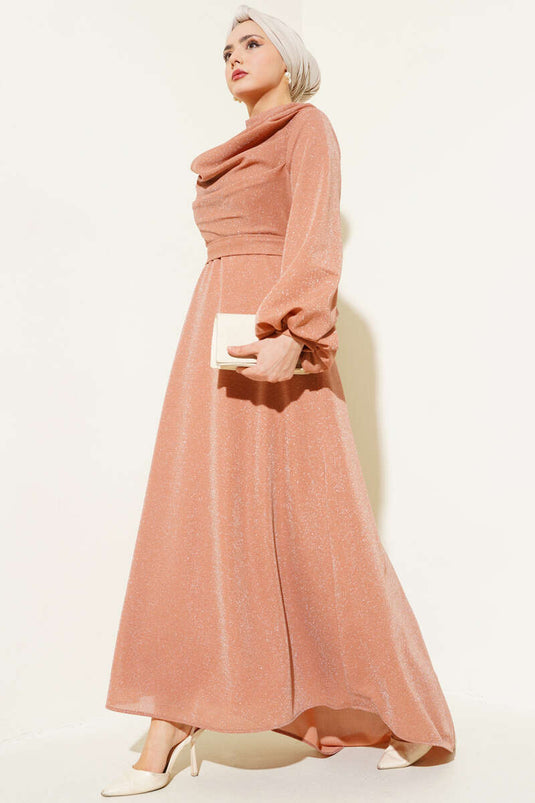 Draped Neck Shimmery Evening Dress Salmon