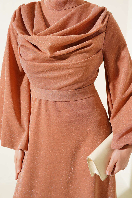 Draped Neck Shimmery Evening Dress Salmon