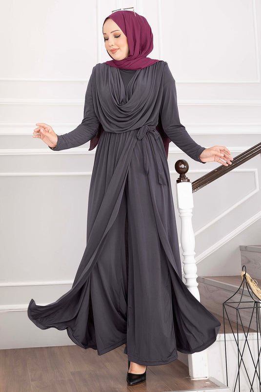 Schulterfreier Jumpsuit Mit Gürtel In Anthrazit