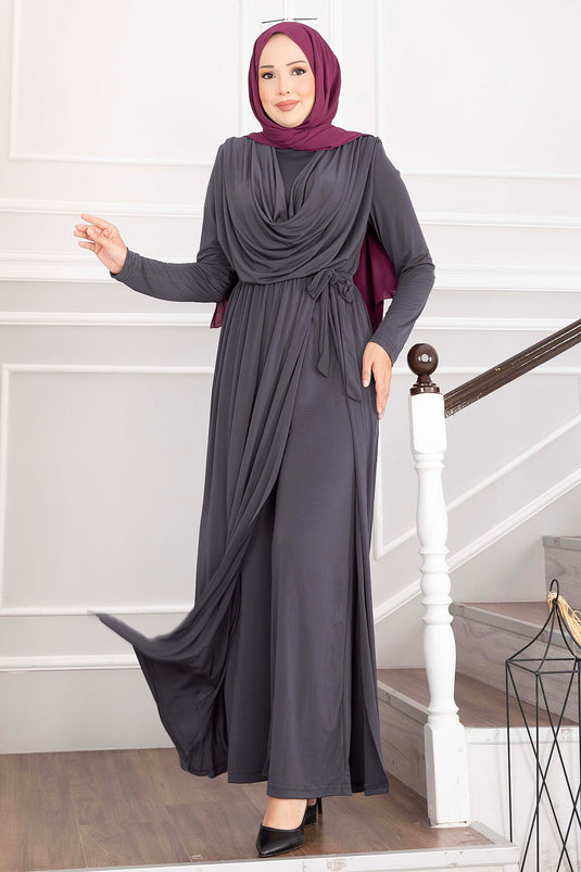 Schulterfreier Jumpsuit Mit Gürtel In Anthrazit
