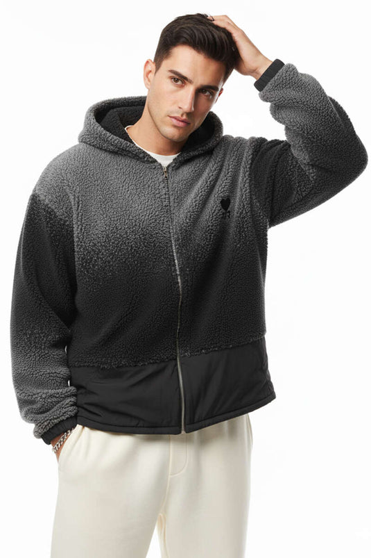 Gradient Zippered Plush Men's Jacket, Black