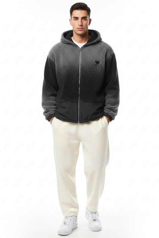Gradient Zippered Plush Men's Jacket, Black
