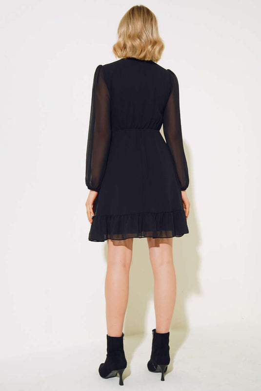 Dekolte Yaka Şifon Elbise Siyah