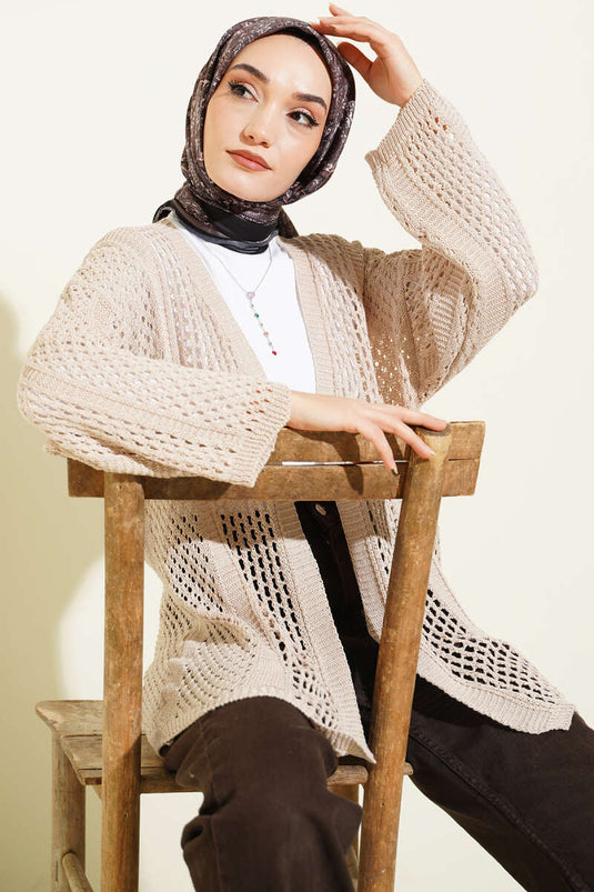 Cardigan in maglia traforata beige