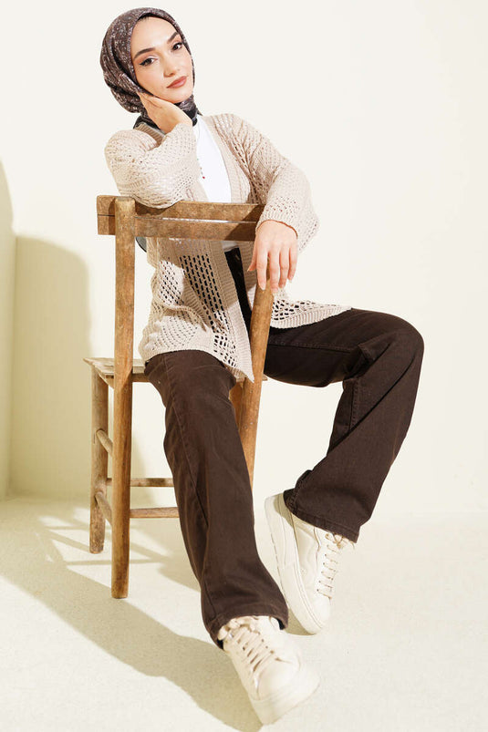 Cardigan in maglia traforata beige