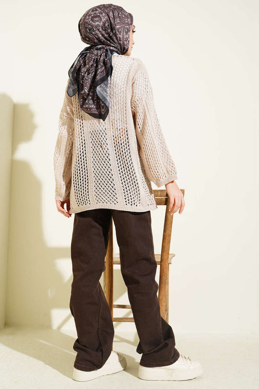 Cardigan in maglia traforata beige