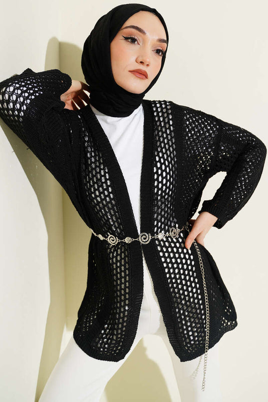 Cardigan en tricot ajouré à trous noir