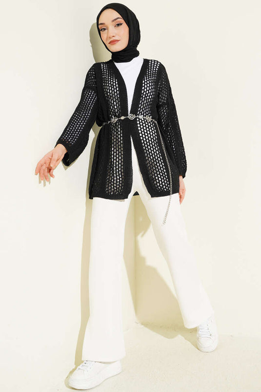 Cardigan en tricot ajouré à trous noir