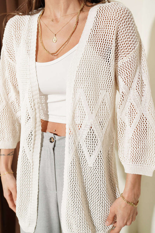 Gilet en tricot ajouré à motif losange perforé beige
