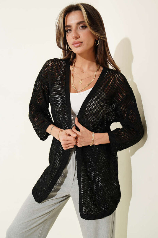 Cardigan en tricot ajouré à motif losange perforé, noir