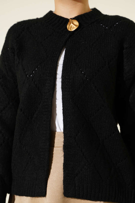 Delikli Baklava Desenli Triko Hırka Siyah