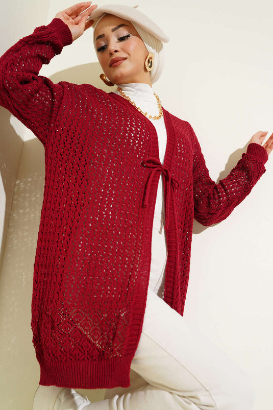 Strickjacke mit Lochseil und Bindeband, Weinrot