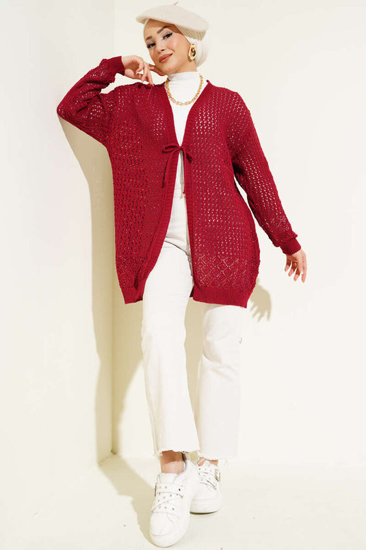 Strickjacke mit Lochseil und Bindeband, Weinrot