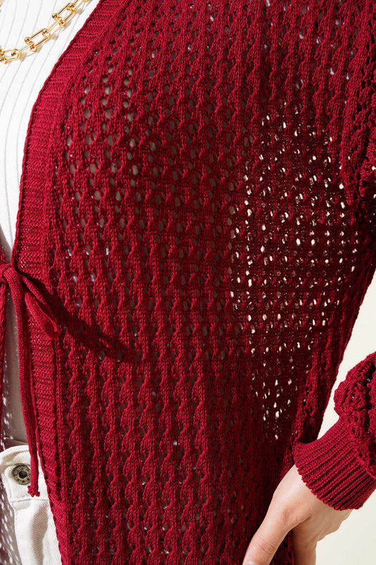 Strickjacke mit Lochseil und Bindeband, Weinrot