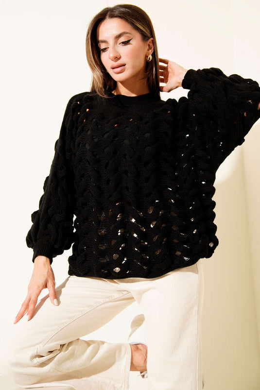 Openwork Knit Balloon Sleeve Sweater Black