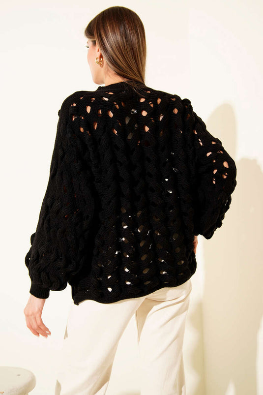 Openwork Knit Balloon Sleeve Sweater Black
