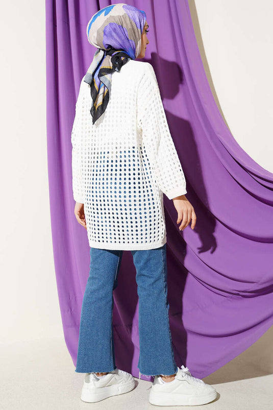 White Long Knitted Openwork Cardigan with Holes