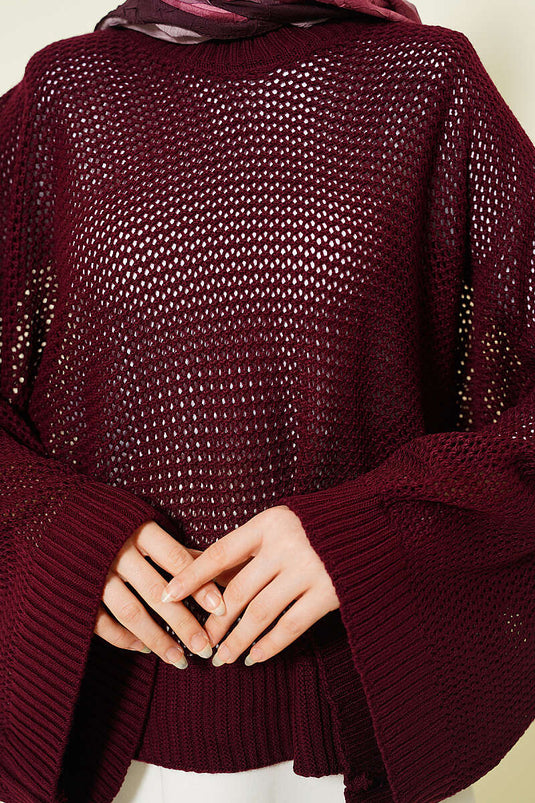 Pull En Tricot Ajouré À Manches Chauve-Souris Ajourées Bordeaux