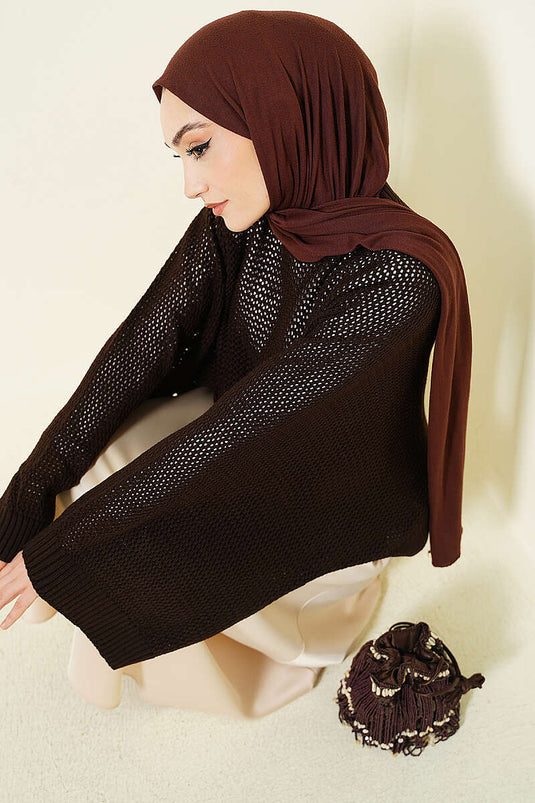 Perforated Batwing Sleeve Knit Openwork Sweater Brown