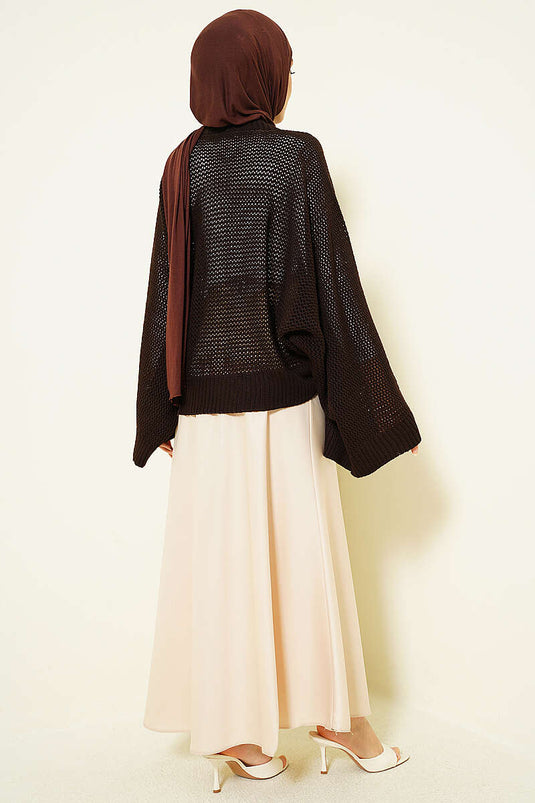 Perforated Batwing Sleeve Knit Openwork Sweater Brown