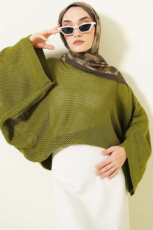 Pull Vert À Manches Chauve-Souris En Crochet