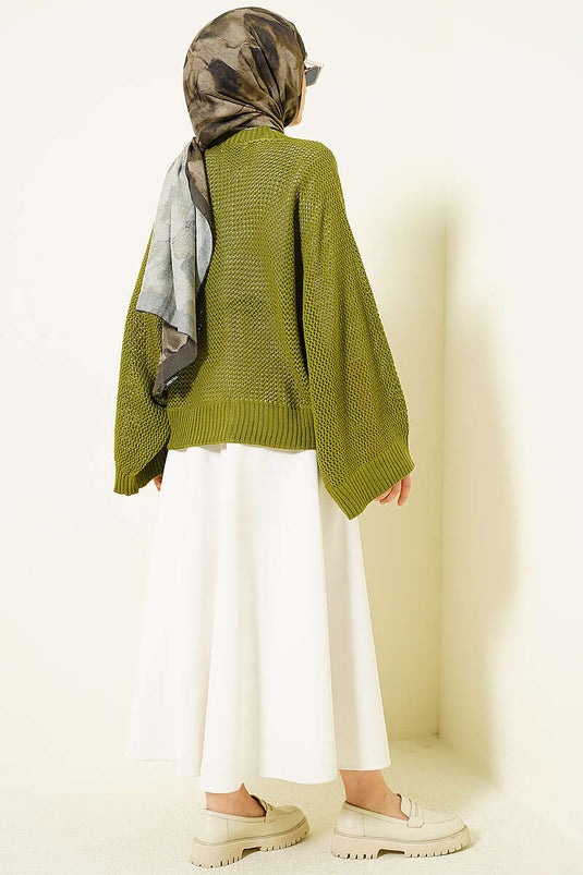 Pull Vert À Manches Chauve-Souris En Crochet