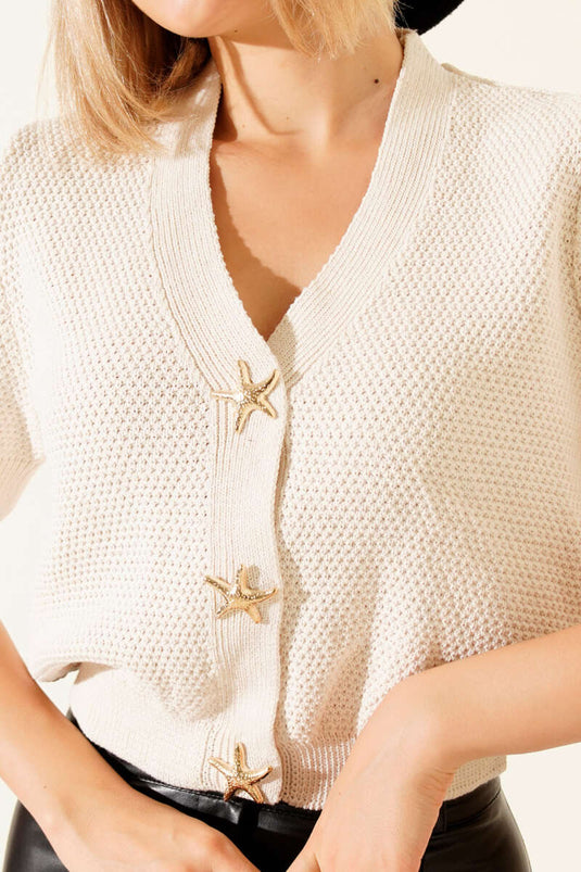 كارديجان محبوك بأزرار على شكل نجم البحر، لون حجري