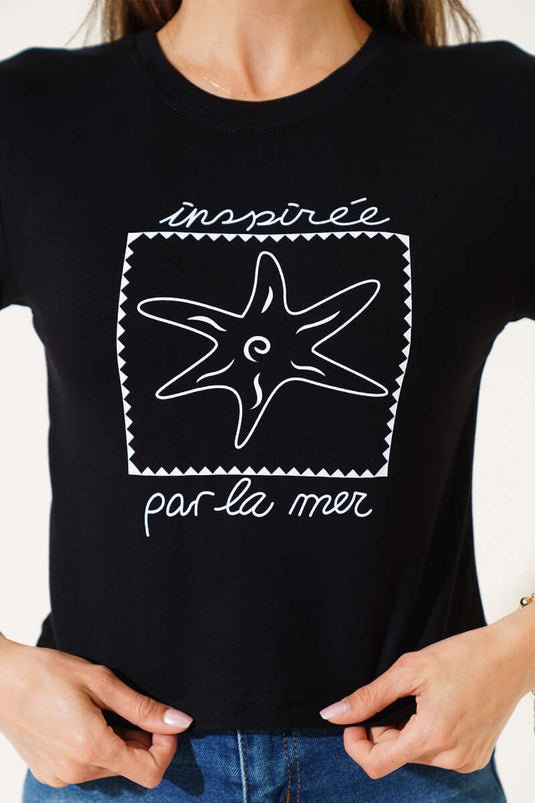 Schwarzer Crop-Top-Ausschnitt mit Seestern-Print