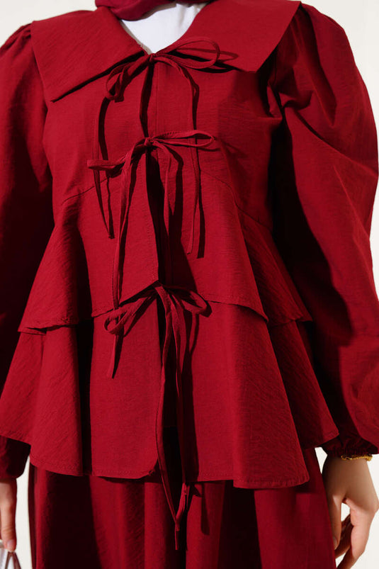 Nautical Collar Tied Skirted Two-Piece Set Burgundy