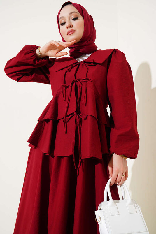 Nautical Collar Tied Skirted Two-Piece Set Burgundy