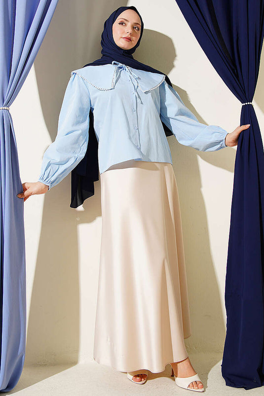 Denizci-Kragen Kurzbluse mit Bindung in Babyblau