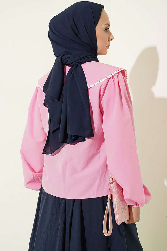 Kurzes Rosa Hemd Mit Bindeband-Kragen
