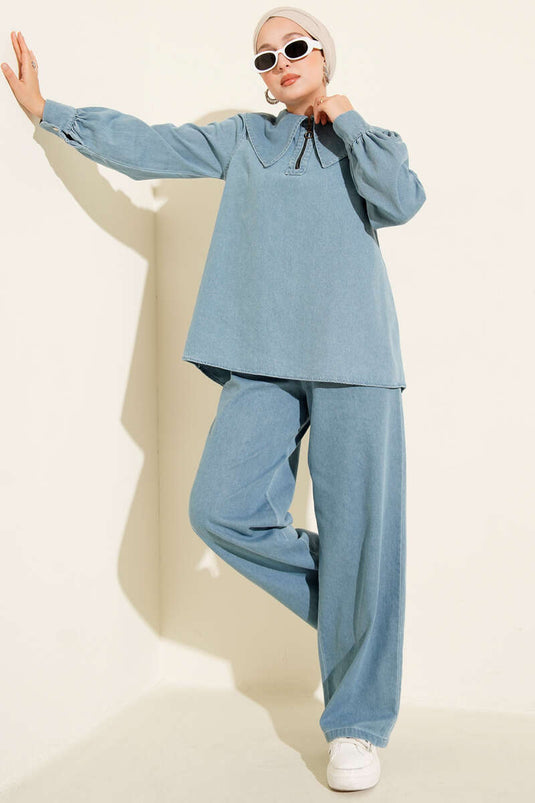 Navy Collar Zippered Denim Two-Piece Suit Light Blue