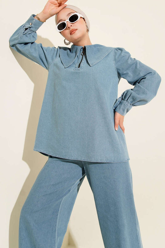 Navy Collar Zippered Denim Two-Piece Suit Light Blue