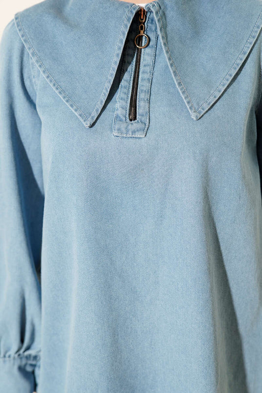 Navy Collar Zippered Denim Two-Piece Suit Light Blue