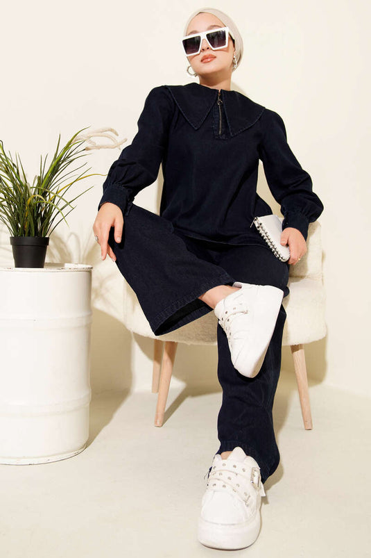 Costume deux pièces en jean à col marin et fermeture éclair bleu marine