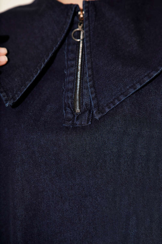 Costume deux pièces en jean à col marin et fermeture éclair bleu marine