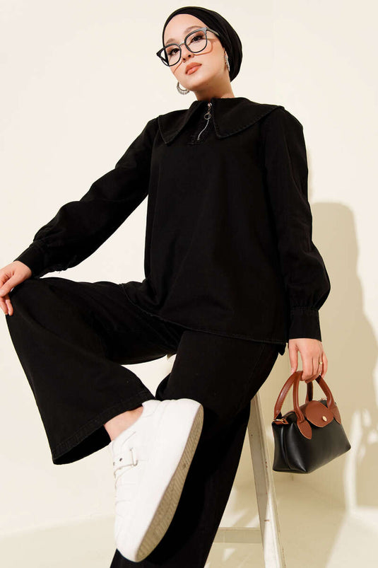 Navy Collar Zippered Denim Two Piece Set Black