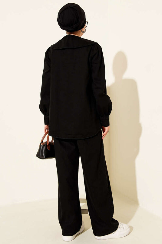 Navy Collar Zippered Denim Two Piece Set Black