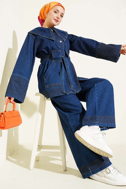 Denizci Yaka Kuşaklı Kot İkili Takım Mavi