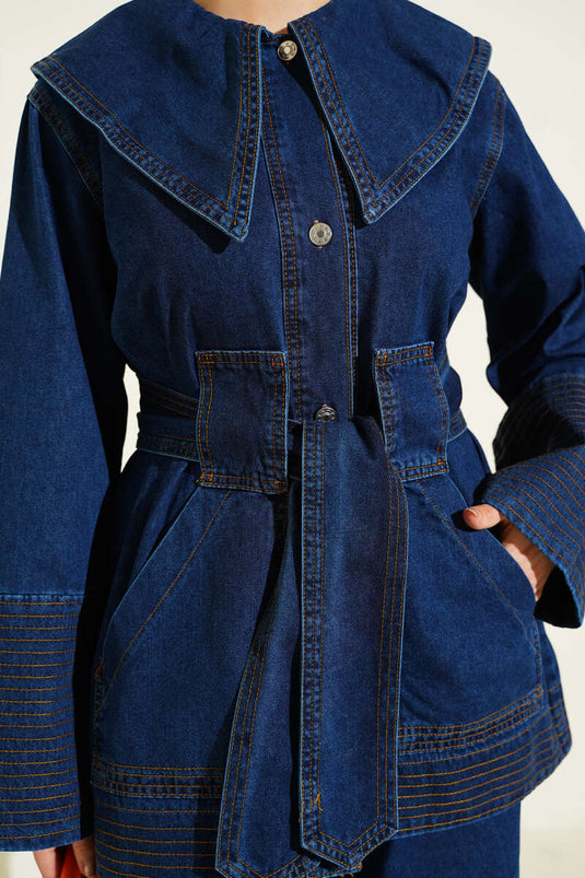 Denizci Yaka Kuşaklı Kot İkili Takım Mavi